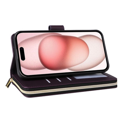 For iPhone 15 Nine-card Slots Zipper Wallet Bag Leather Phone Case(Dark Purple) - iPhone 15 Cases by buy2fix | Online Shopping UK | buy2fix