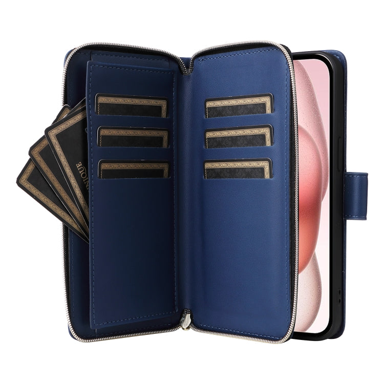 For iPhone 15 Nine-card Slots Zipper Wallet Bag Leather Phone Case(Blue) - iPhone 15 Cases by buy2fix | Online Shopping UK | buy2fix