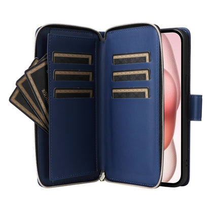 For iPhone 15 Nine-card Slots Zipper Wallet Bag Leather Phone Case(Blue) - iPhone 15 Cases by buy2fix | Online Shopping UK | buy2fix