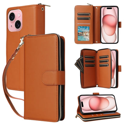 For iPhone 15 Nine-card Slots Zipper Wallet Bag Leather Phone Case(Brown) - iPhone 15 Cases by buy2fix | Online Shopping UK | buy2fix