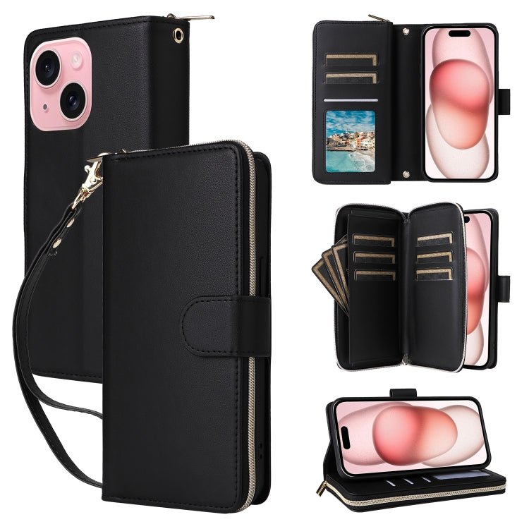 For iPhone 15 Nine-card Slots Zipper Wallet Bag Leather Phone Case(Black) - iPhone 15 Cases by buy2fix | Online Shopping UK | buy2fix