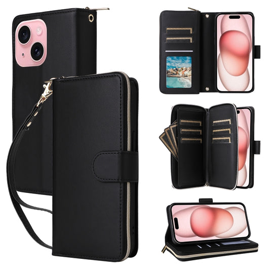 For iPhone 15 Nine-card Slots Zipper Wallet Bag Leather Phone Case(Black) - iPhone 15 Cases by buy2fix | Online Shopping UK | buy2fix