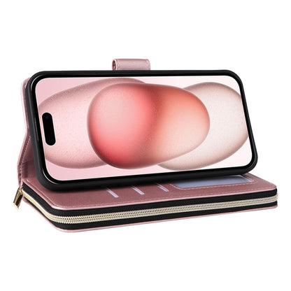 For iPhone 15 Nine-card Slots Zipper Wallet Bag Leather Phone Case(Rose Gold) - iPhone 15 Cases by buy2fix | Online Shopping UK | buy2fix