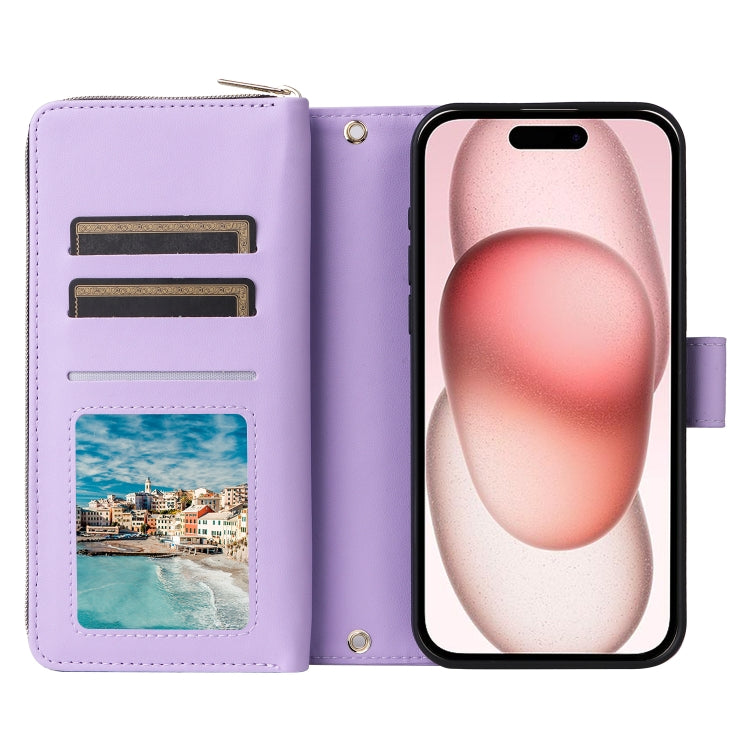 For iPhone 15 Plus / 14 Plus Nine-card Slots Zipper Wallet Bag Leather Phone Case(Light Purple) - iPhone 15 Plus Cases by buy2fix | Online Shopping UK | buy2fix