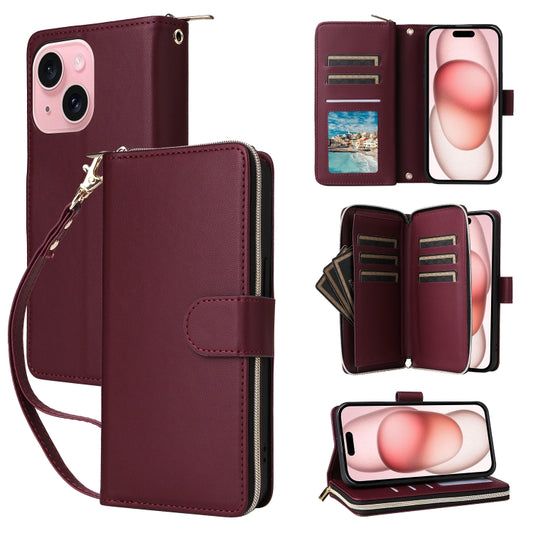 For iPhone 15 Plus / 14 Plus Nine-card Slots Zipper Wallet Bag Leather Phone Case(Wine Red) - iPhone 15 Plus Cases by buy2fix | Online Shopping UK | buy2fix