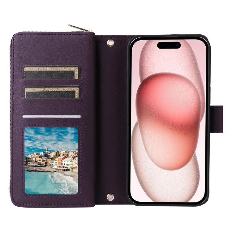 For iPhone 15 Plus / 14 Plus Nine-card Slots Zipper Wallet Bag Leather Phone Case(Dark Purple) - iPhone 15 Plus Cases by buy2fix | Online Shopping UK | buy2fix