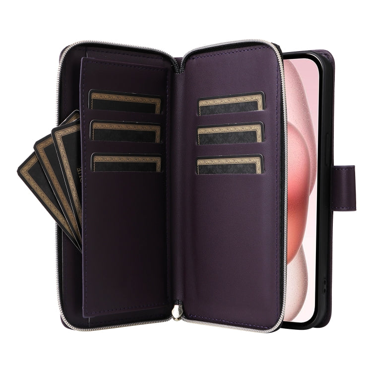 For iPhone 15 Plus / 14 Plus Nine-card Slots Zipper Wallet Bag Leather Phone Case(Dark Purple) - iPhone 15 Plus Cases by buy2fix | Online Shopping UK | buy2fix
