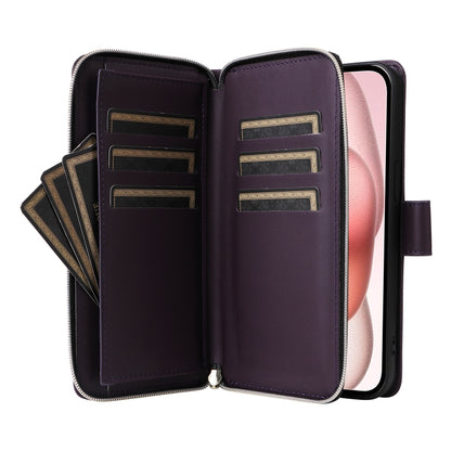 For iPhone 15 Plus / 14 Plus Nine-card Slots Zipper Wallet Bag Leather Phone Case(Dark Purple) - iPhone 15 Plus Cases by buy2fix | Online Shopping UK | buy2fix