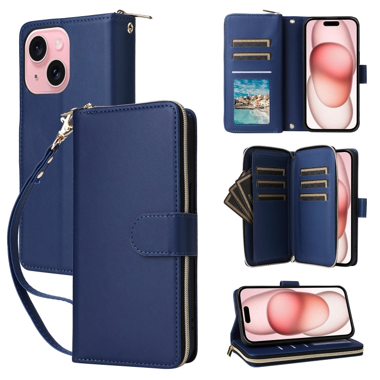 For iPhone 15 Plus / 14 Plus Nine-card Slots Zipper Wallet Bag Leather Phone Case(Blue) - iPhone 15 Plus Cases by buy2fix | Online Shopping UK | buy2fix