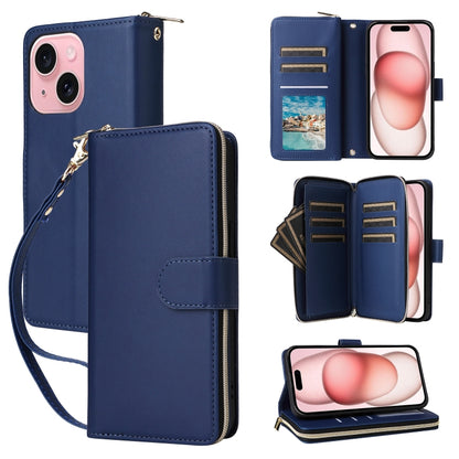 For iPhone 15 Plus / 14 Plus Nine-card Slots Zipper Wallet Bag Leather Phone Case(Blue) - iPhone 15 Plus Cases by buy2fix | Online Shopping UK | buy2fix