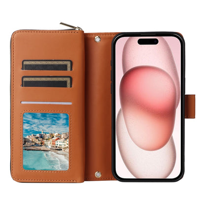 For iPhone 15 Plus / 14 Plus Nine-card Slots Zipper Wallet Bag Leather Phone Case(Brown) - iPhone 15 Plus Cases by buy2fix | Online Shopping UK | buy2fix