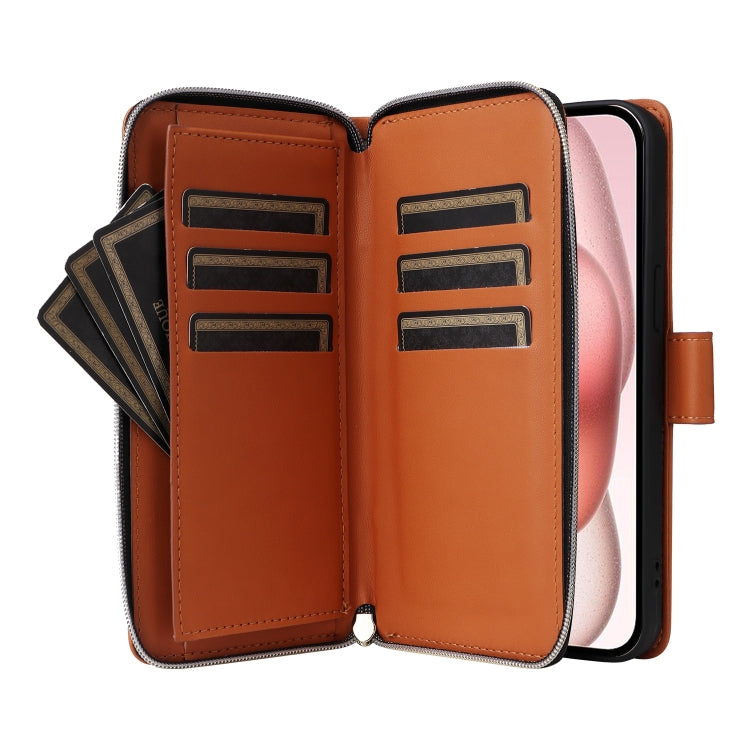 For iPhone 15 Plus / 14 Plus Nine-card Slots Zipper Wallet Bag Leather Phone Case(Brown) - iPhone 15 Plus Cases by buy2fix | Online Shopping UK | buy2fix
