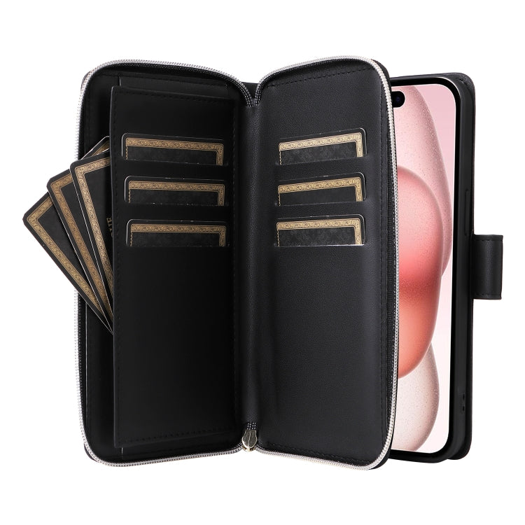 For iPhone 15 Plus / 14 Plus Nine-card Slots Zipper Wallet Bag Leather Phone Case(Black) - iPhone 15 Plus Cases by buy2fix | Online Shopping UK | buy2fix