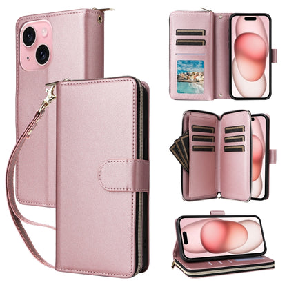 For iPhone 15 Plus / 14 Plus Nine-card Slots Zipper Wallet Bag Leather Phone Case(Rose Gold) - iPhone 15 Plus Cases by buy2fix | Online Shopping UK | buy2fix