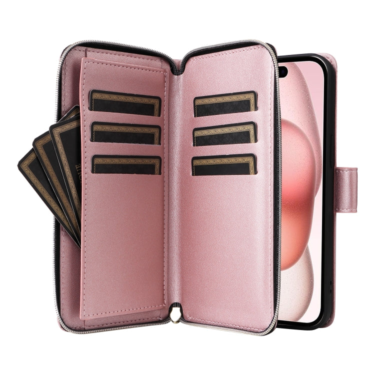 For iPhone 15 Plus / 14 Plus Nine-card Slots Zipper Wallet Bag Leather Phone Case(Rose Gold) - iPhone 15 Plus Cases by buy2fix | Online Shopping UK | buy2fix