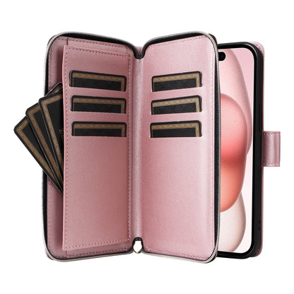 For iPhone 15 Plus / 14 Plus Nine-card Slots Zipper Wallet Bag Leather Phone Case(Rose Gold) - iPhone 15 Plus Cases by buy2fix | Online Shopping UK | buy2fix