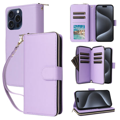 For iPhone 15 Pro Nine-card Slots Zipper Wallet Bag Leather Phone Case(Light Purple) - iPhone 15 Pro Cases by buy2fix | Online Shopping UK | buy2fix