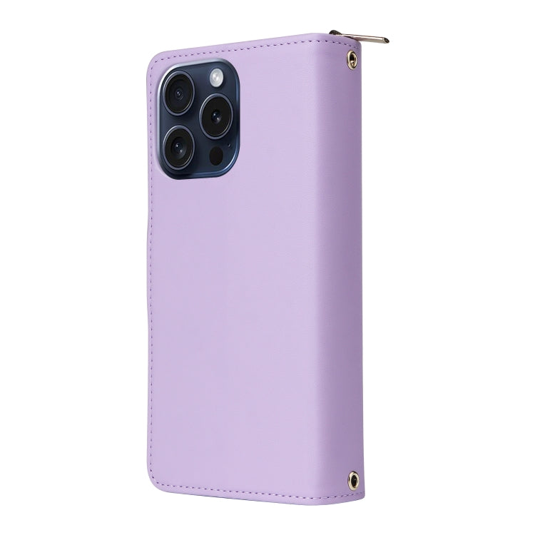 For iPhone 15 Pro Nine-card Slots Zipper Wallet Bag Leather Phone Case(Light Purple) - iPhone 15 Pro Cases by buy2fix | Online Shopping UK | buy2fix
