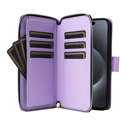 For iPhone 15 Pro Nine-card Slots Zipper Wallet Bag Leather Phone Case(Light Purple) - iPhone 15 Pro Cases by buy2fix | Online Shopping UK | buy2fix