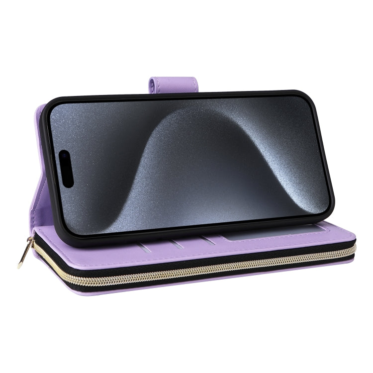 For iPhone 15 Pro Nine-card Slots Zipper Wallet Bag Leather Phone Case(Light Purple) - iPhone 15 Pro Cases by buy2fix | Online Shopping UK | buy2fix