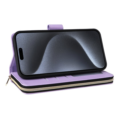 For iPhone 15 Pro Nine-card Slots Zipper Wallet Bag Leather Phone Case(Light Purple) - iPhone 15 Pro Cases by buy2fix | Online Shopping UK | buy2fix