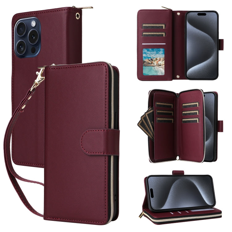 For iPhone 15 Pro Nine-card Slots Zipper Wallet Bag Leather Phone Case(Wine Red) - iPhone 15 Pro Cases by buy2fix | Online Shopping UK | buy2fix