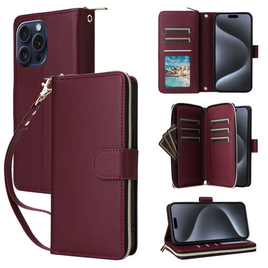 For iPhone 15 Pro Nine-card Slots Zipper Wallet Bag Leather Phone Case(Wine Red) - iPhone 15 Pro Cases by buy2fix | Online Shopping UK | buy2fix