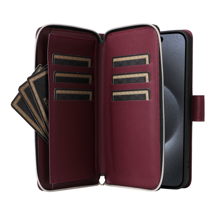 For iPhone 15 Pro Nine-card Slots Zipper Wallet Bag Leather Phone Case(Wine Red) - iPhone 15 Pro Cases by buy2fix | Online Shopping UK | buy2fix