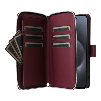 For iPhone 15 Pro Nine-card Slots Zipper Wallet Bag Leather Phone Case(Wine Red) - iPhone 15 Pro Cases by buy2fix | Online Shopping UK | buy2fix
