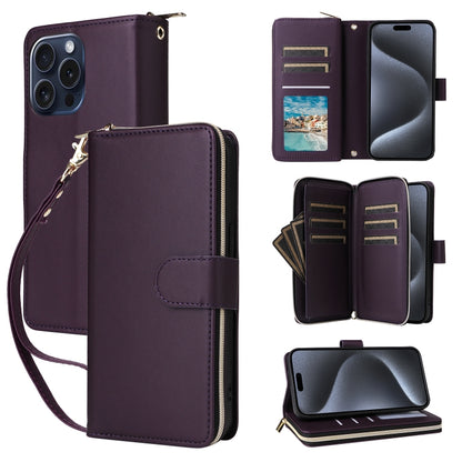For iPhone 15 Pro Nine-card Slots Zipper Wallet Bag Leather Phone Case(Dark Purple) - iPhone 15 Pro Cases by buy2fix | Online Shopping UK | buy2fix
