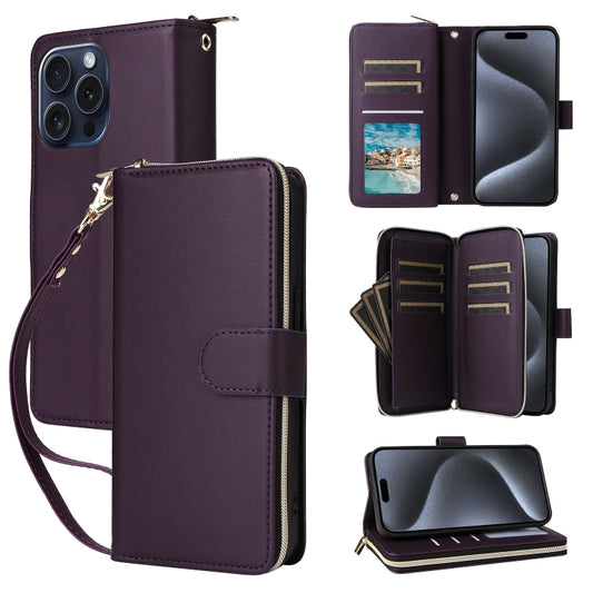 For iPhone 15 Pro Nine-card Slots Zipper Wallet Bag Leather Phone Case(Dark Purple) - iPhone 15 Pro Cases by buy2fix | Online Shopping UK | buy2fix