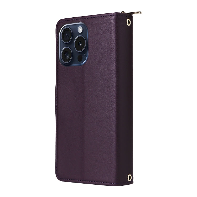 For iPhone 15 Pro Nine-card Slots Zipper Wallet Bag Leather Phone Case(Dark Purple) - iPhone 15 Pro Cases by buy2fix | Online Shopping UK | buy2fix