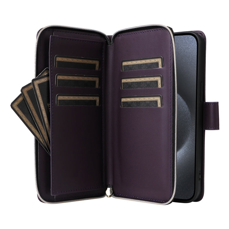 For iPhone 15 Pro Nine-card Slots Zipper Wallet Bag Leather Phone Case(Dark Purple) - iPhone 15 Pro Cases by buy2fix | Online Shopping UK | buy2fix