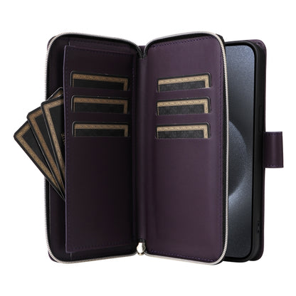 For iPhone 15 Pro Nine-card Slots Zipper Wallet Bag Leather Phone Case(Dark Purple) - iPhone 15 Pro Cases by buy2fix | Online Shopping UK | buy2fix