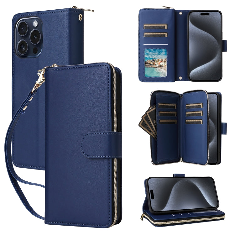 For iPhone 15 Pro Nine-card Slots Zipper Wallet Bag Leather Phone Case(Blue) - iPhone 15 Pro Cases by buy2fix | Online Shopping UK | buy2fix