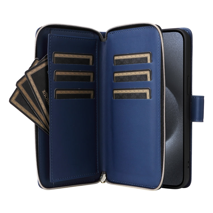 For iPhone 15 Pro Nine-card Slots Zipper Wallet Bag Leather Phone Case(Blue) - iPhone 15 Pro Cases by buy2fix | Online Shopping UK | buy2fix