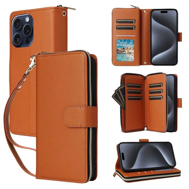 For iPhone 15 Pro Nine-card Slots Zipper Wallet Bag Leather Phone Case(Brown) - iPhone 15 Pro Cases by buy2fix | Online Shopping UK | buy2fix