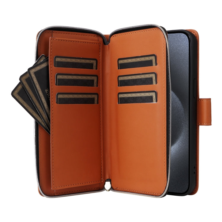 For iPhone 15 Pro Nine-card Slots Zipper Wallet Bag Leather Phone Case(Brown) - iPhone 15 Pro Cases by buy2fix | Online Shopping UK | buy2fix