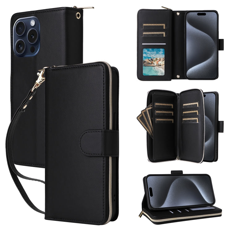 For iPhone 15 Pro Nine-card Slots Zipper Wallet Bag Leather Phone Case(Black) - iPhone 15 Pro Cases by buy2fix | Online Shopping UK | buy2fix