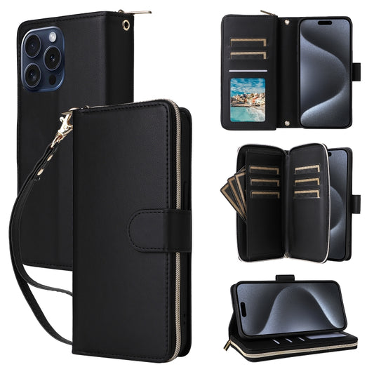 For iPhone 15 Pro Nine-card Slots Zipper Wallet Bag Leather Phone Case(Black) - iPhone 15 Pro Cases by buy2fix | Online Shopping UK | buy2fix