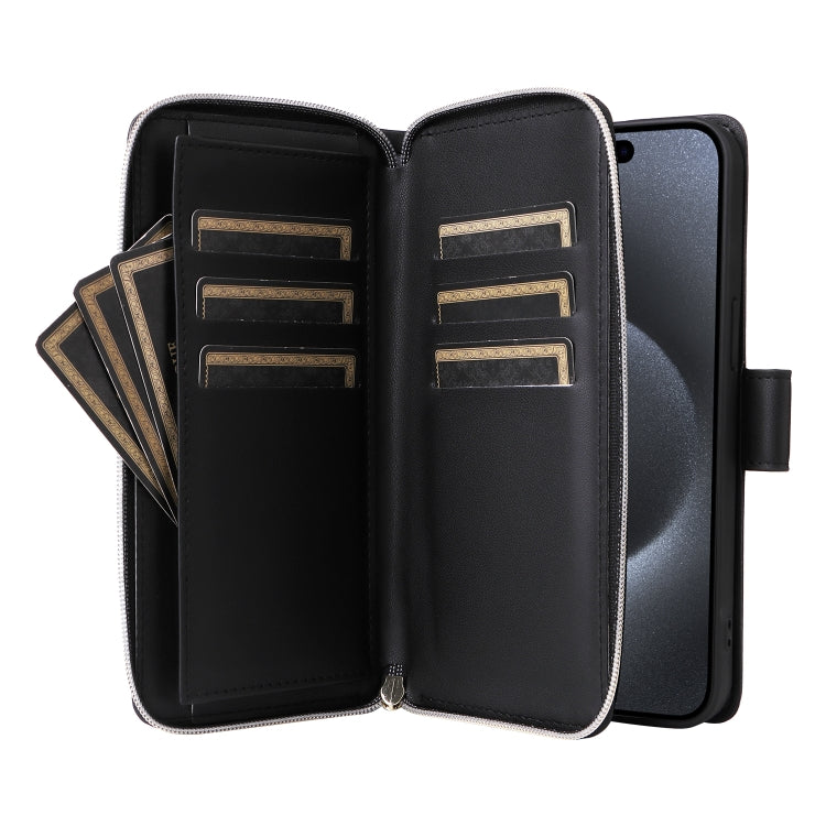 For iPhone 15 Pro Nine-card Slots Zipper Wallet Bag Leather Phone Case(Black) - iPhone 15 Pro Cases by buy2fix | Online Shopping UK | buy2fix
