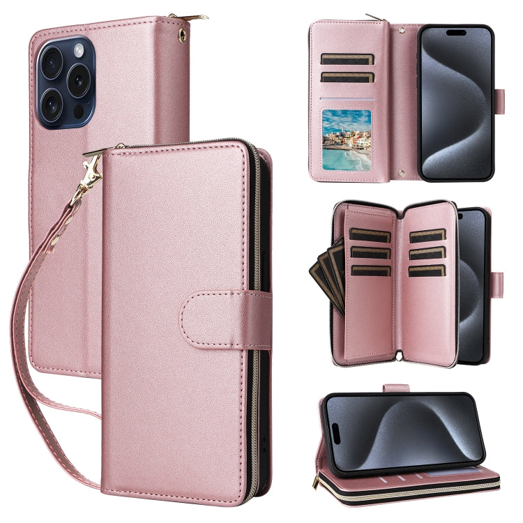 For iPhone 15 Pro Nine-card Slots Zipper Wallet Bag Leather Phone Case(Rose Gold) - iPhone 15 Pro Cases by buy2fix | Online Shopping UK | buy2fix
