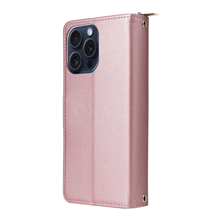 For iPhone 15 Pro Nine-card Slots Zipper Wallet Bag Leather Phone Case(Rose Gold) - iPhone 15 Pro Cases by buy2fix | Online Shopping UK | buy2fix