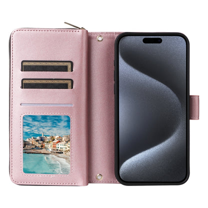 For iPhone 15 Pro Nine-card Slots Zipper Wallet Bag Leather Phone Case(Rose Gold) - iPhone 15 Pro Cases by buy2fix | Online Shopping UK | buy2fix