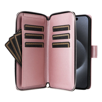 For iPhone 15 Pro Nine-card Slots Zipper Wallet Bag Leather Phone Case(Rose Gold) - iPhone 15 Pro Cases by buy2fix | Online Shopping UK | buy2fix