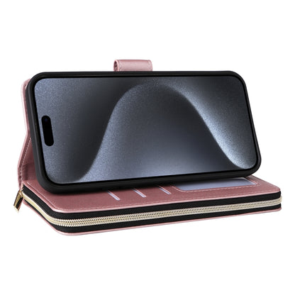 For iPhone 15 Pro Nine-card Slots Zipper Wallet Bag Leather Phone Case(Rose Gold) - iPhone 15 Pro Cases by buy2fix | Online Shopping UK | buy2fix