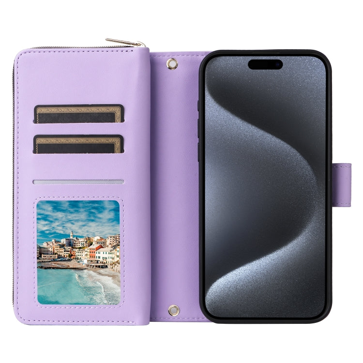 For iPhone 15 Pro Max Nine-card Slots Zipper Wallet Bag Leather Phone Case(Light Purple) - iPhone 15 Pro Max Cases by buy2fix | Online Shopping UK | buy2fix
