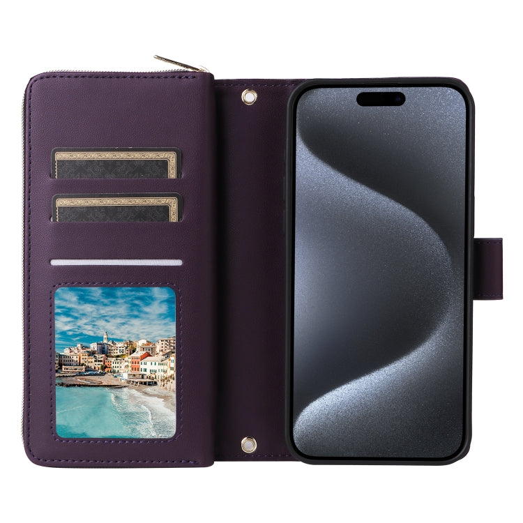 For iPhone 15 Pro Max Nine-card Slots Zipper Wallet Bag Leather Phone Case(Dark Purple) - iPhone 15 Pro Max Cases by buy2fix | Online Shopping UK | buy2fix