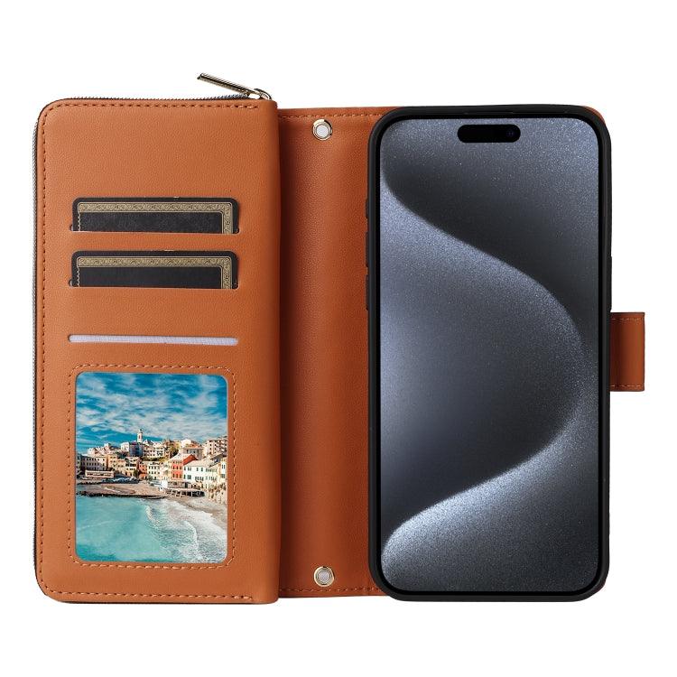 For iPhone 15 Pro Max Nine-card Slots Zipper Wallet Bag Leather Phone Case(Brown) - iPhone 15 Pro Max Cases by buy2fix | Online Shopping UK | buy2fix