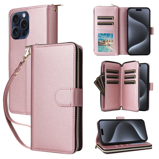 For iPhone 15 Pro Max Nine-card Slots Zipper Wallet Bag Leather Phone Case(Rose Gold) - iPhone 15 Pro Max Cases by buy2fix | Online Shopping UK | buy2fix